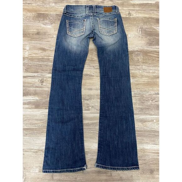 BKE Stella Flare Jeans Low Rise Distressed Rhinestone Women’s Sz 27 waist X 33.5 - Picture 8 of 10